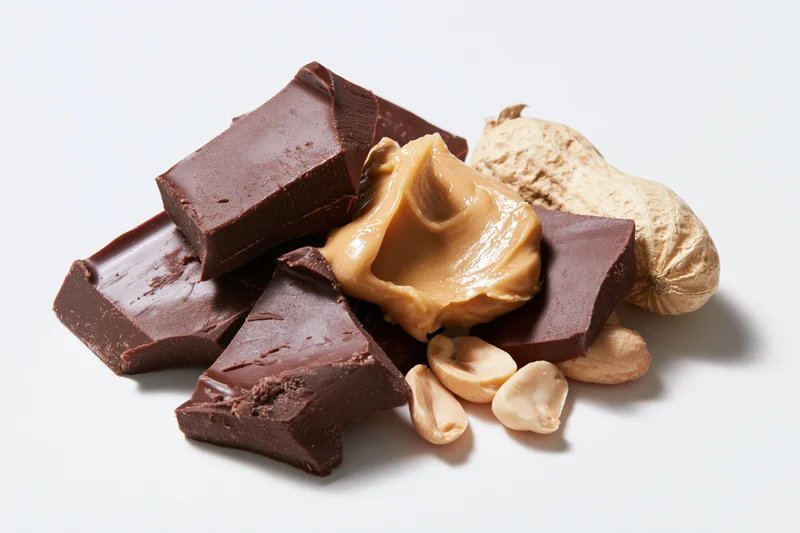 Broken dark chocolate pieces with a dollop of creamy peanut butter and whole peanuts on white background