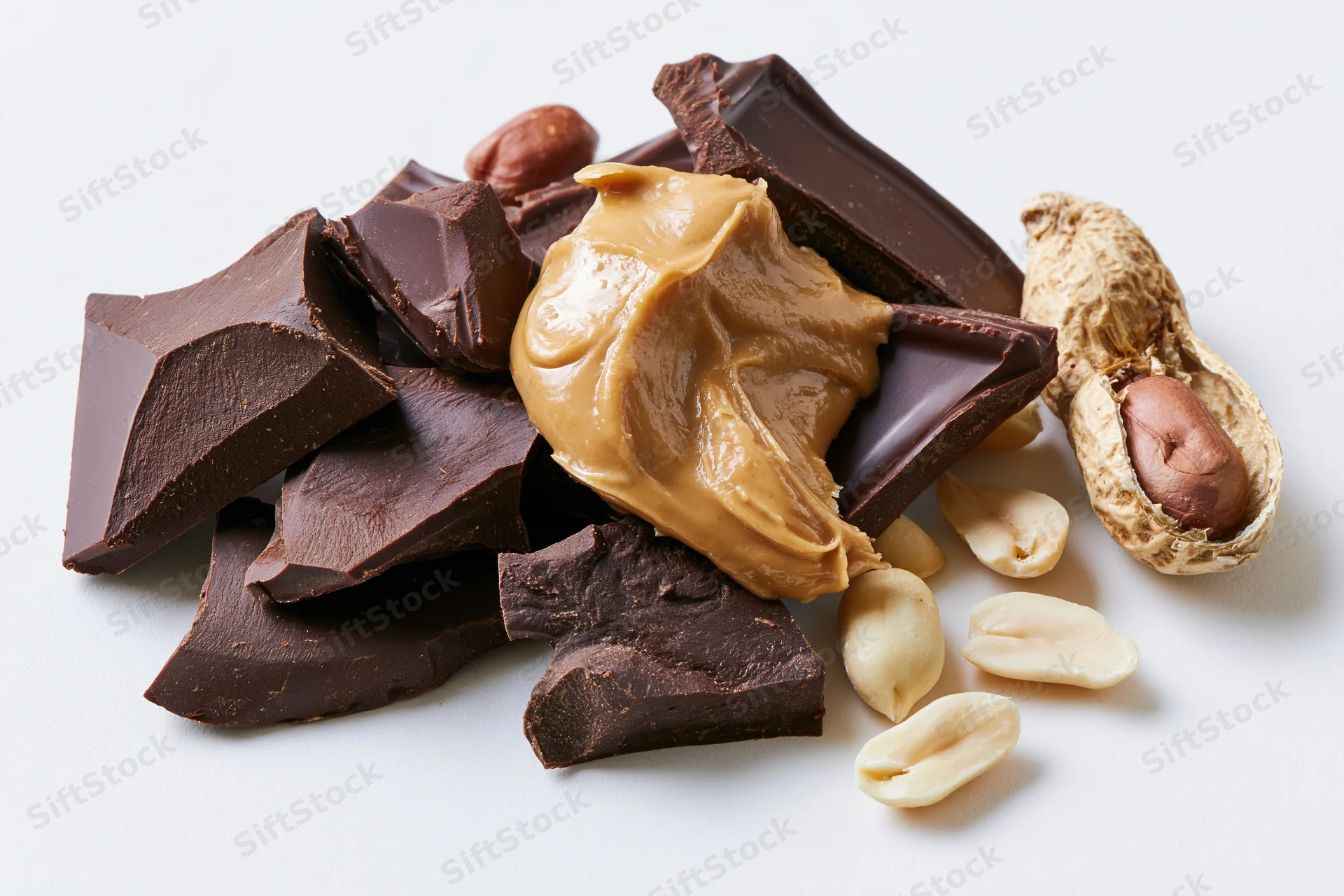 Broken dark chocolate pieces with a dollop of creamy peanut butter and peanuts on white background