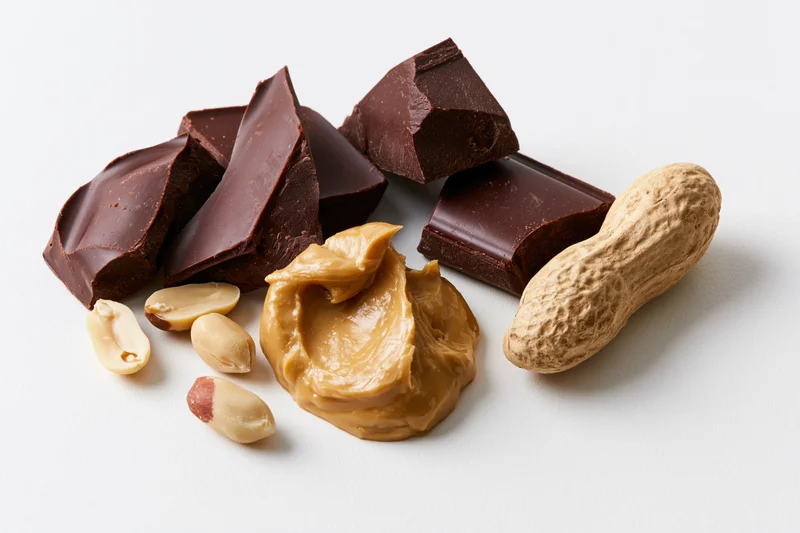 Broken dark chocolate pieces and a dollop of creamy peanut butter with whole and shelled peanuts on white background