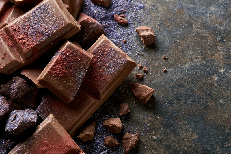 Broken milk chocolate bar pieces and scattered chunks dusted with cocoa powder on a dark textured surface