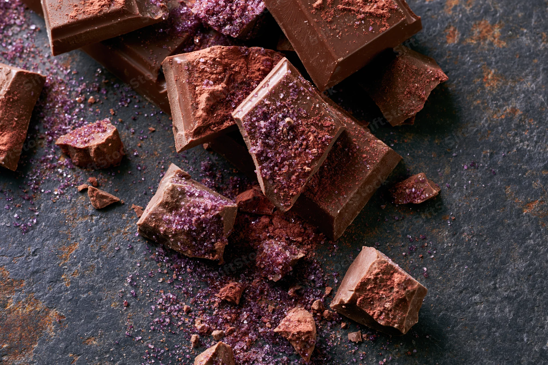 Broken milk chocolate pieces scattered on a dark rustic surface dusted with purple glitter and cocoa powder