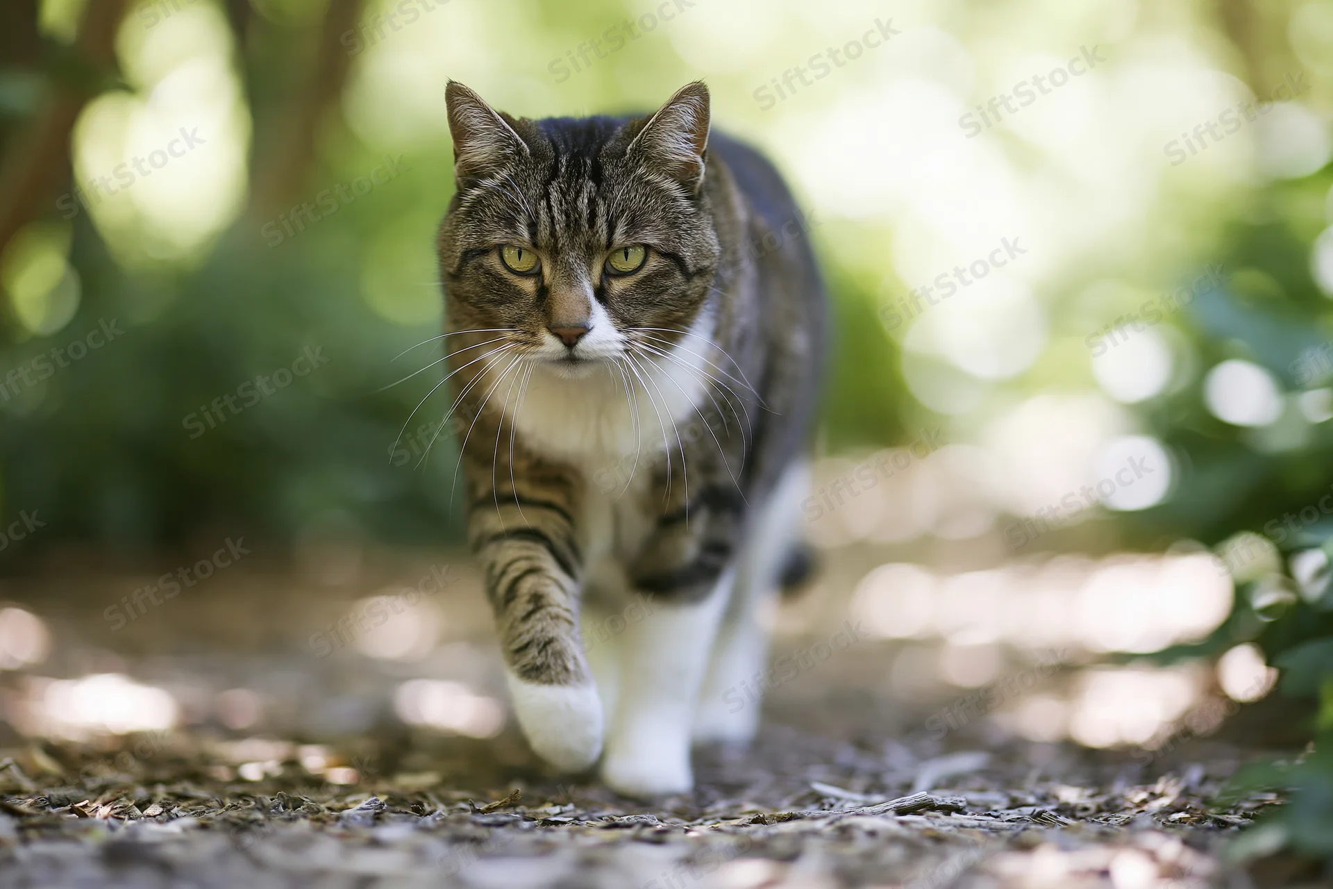 Tabby and white domestic cat walking toward camera on forest path in dappled sunlight