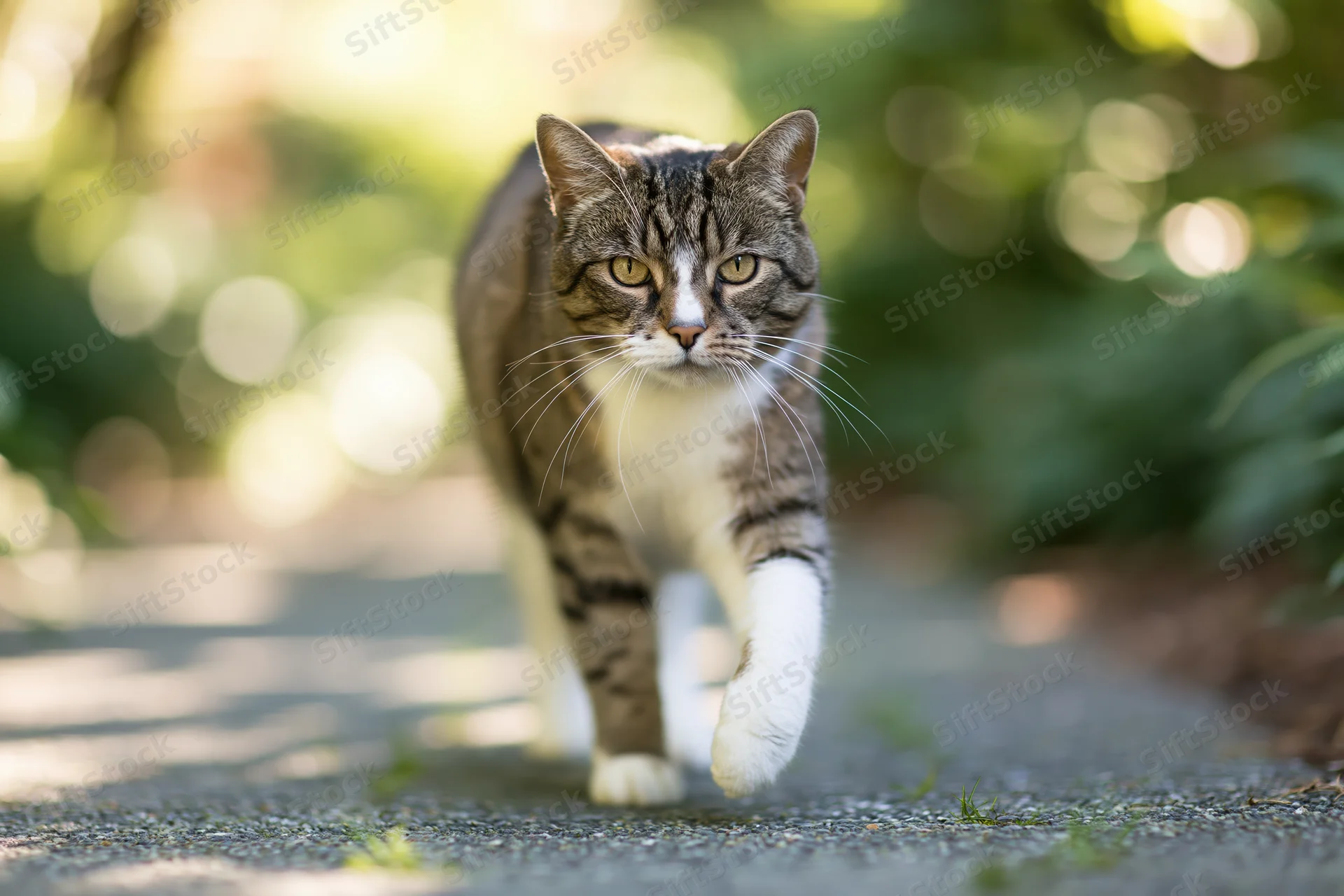 Tabby and white domestic cat walking toward camera on a garden path in sunlight
