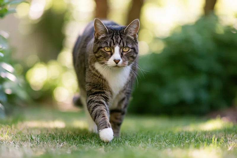 Tabby and white domestic cat walking toward camera on grass in a sunlit garden