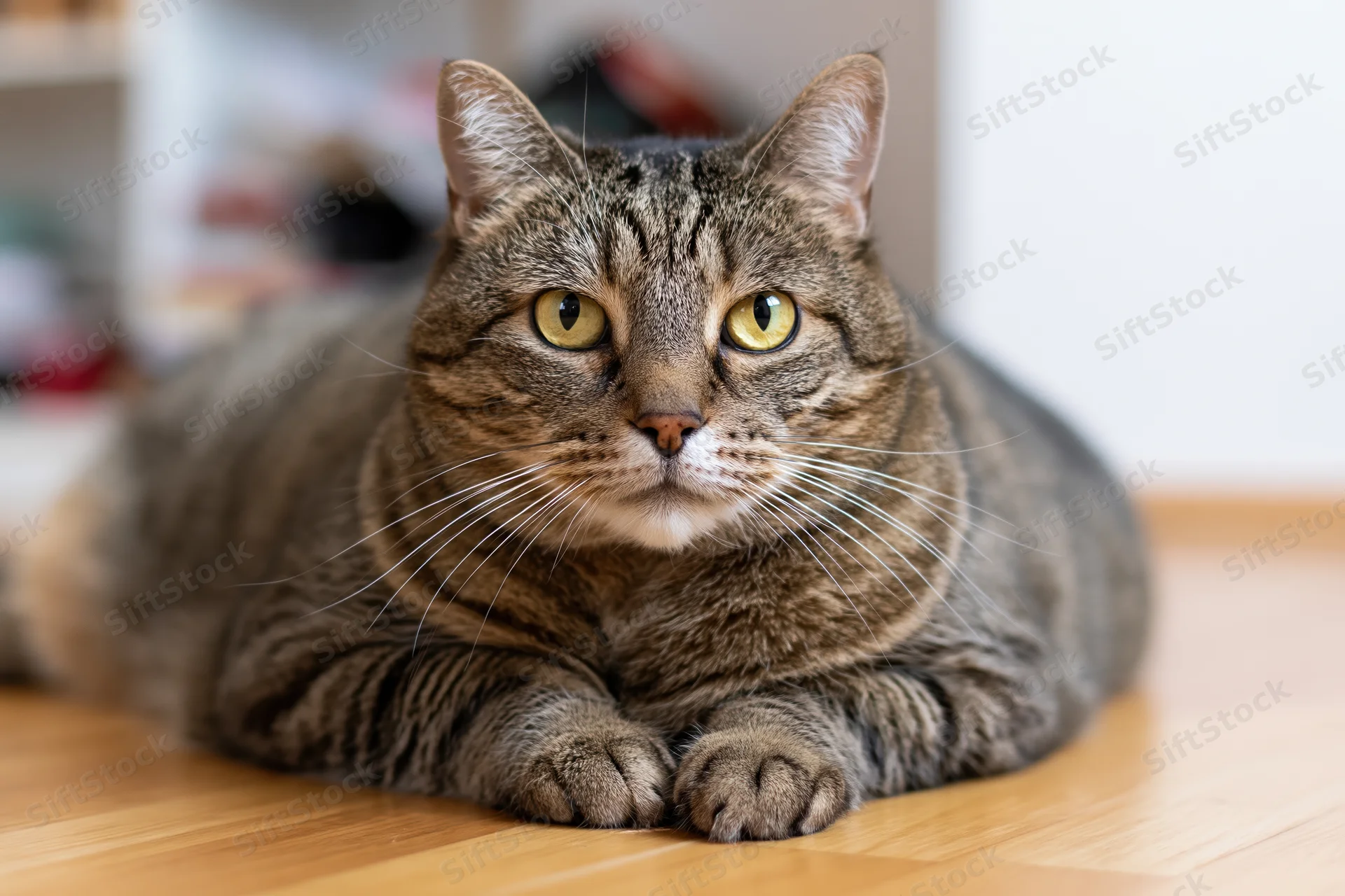 Brown tabby cat lying on wooden floor indoors looking directly at camera