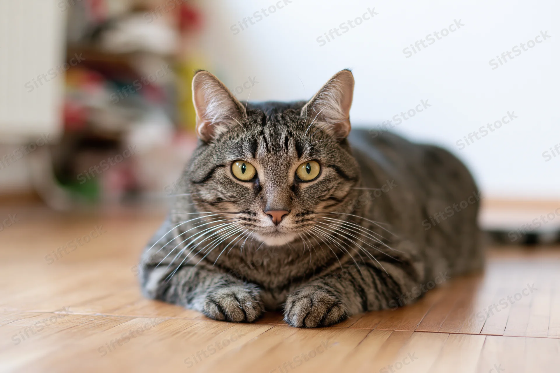 Tabby cat lying on wooden floor indoors looking directly at camera