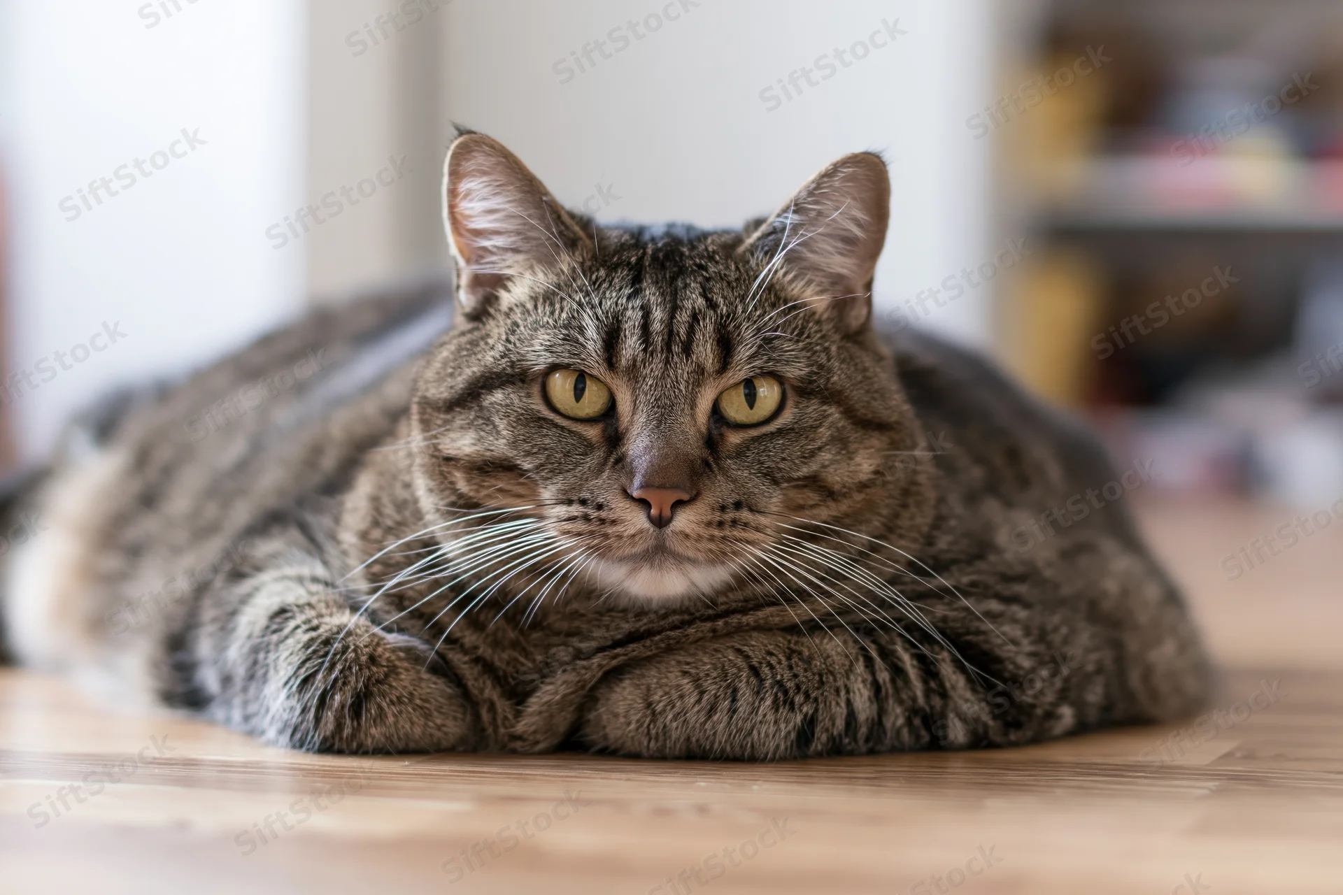 Brown tabby cat lying on wooden floor indoors looking directly at camera