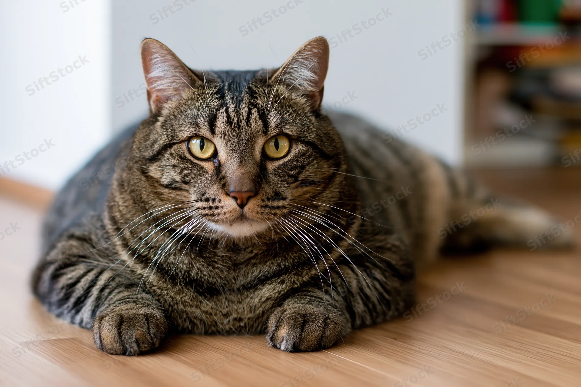 Brown tabby cat lying on wooden floor indoors looking directly at camera
