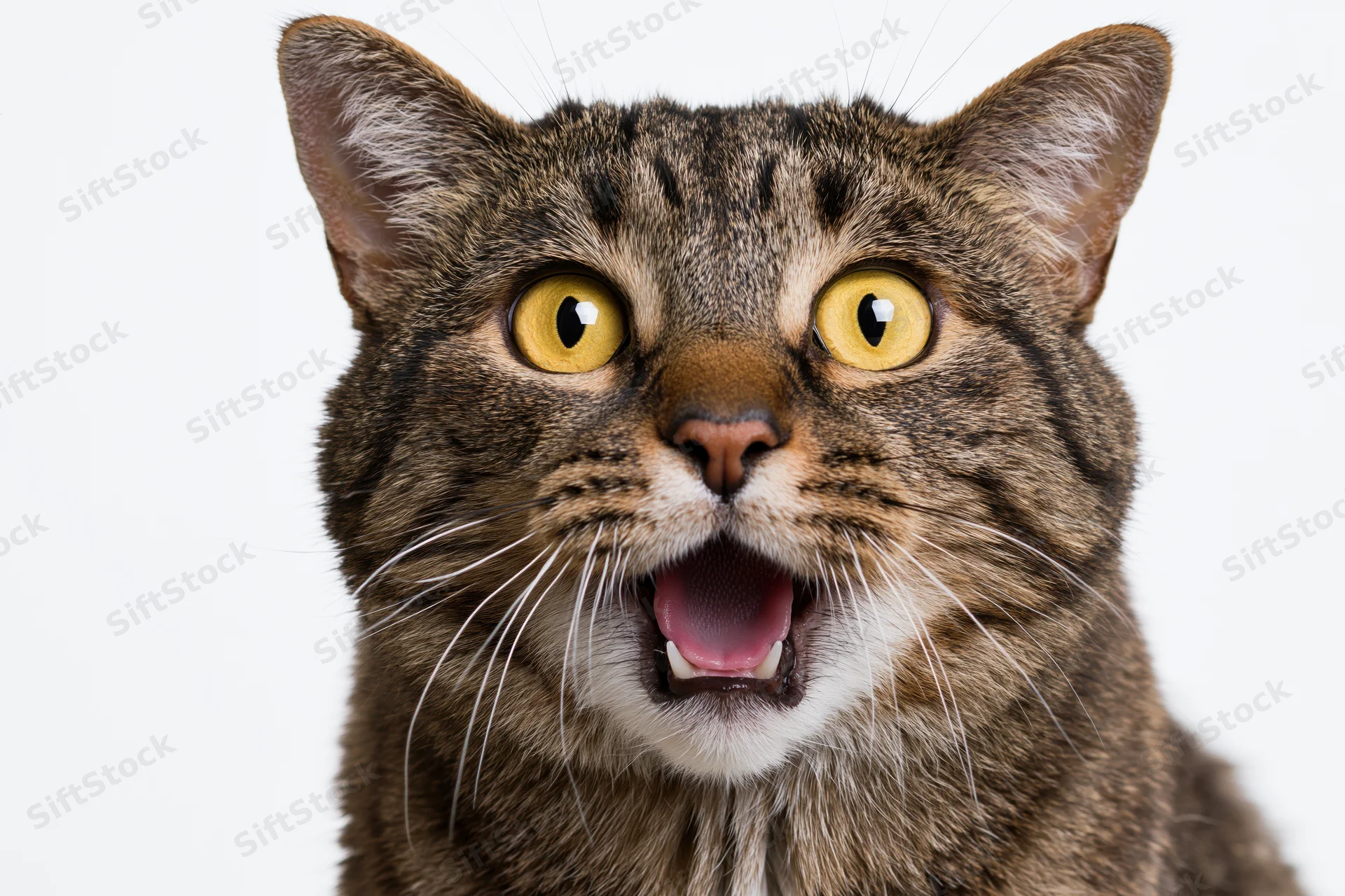 Close-up of a brown tabby cat with wide yellow eyes and open mouth against a white background