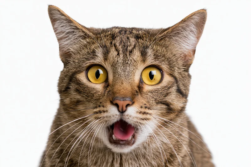 Close-up of a brown tabby cat with wide yellow eyes and open mouth against white background