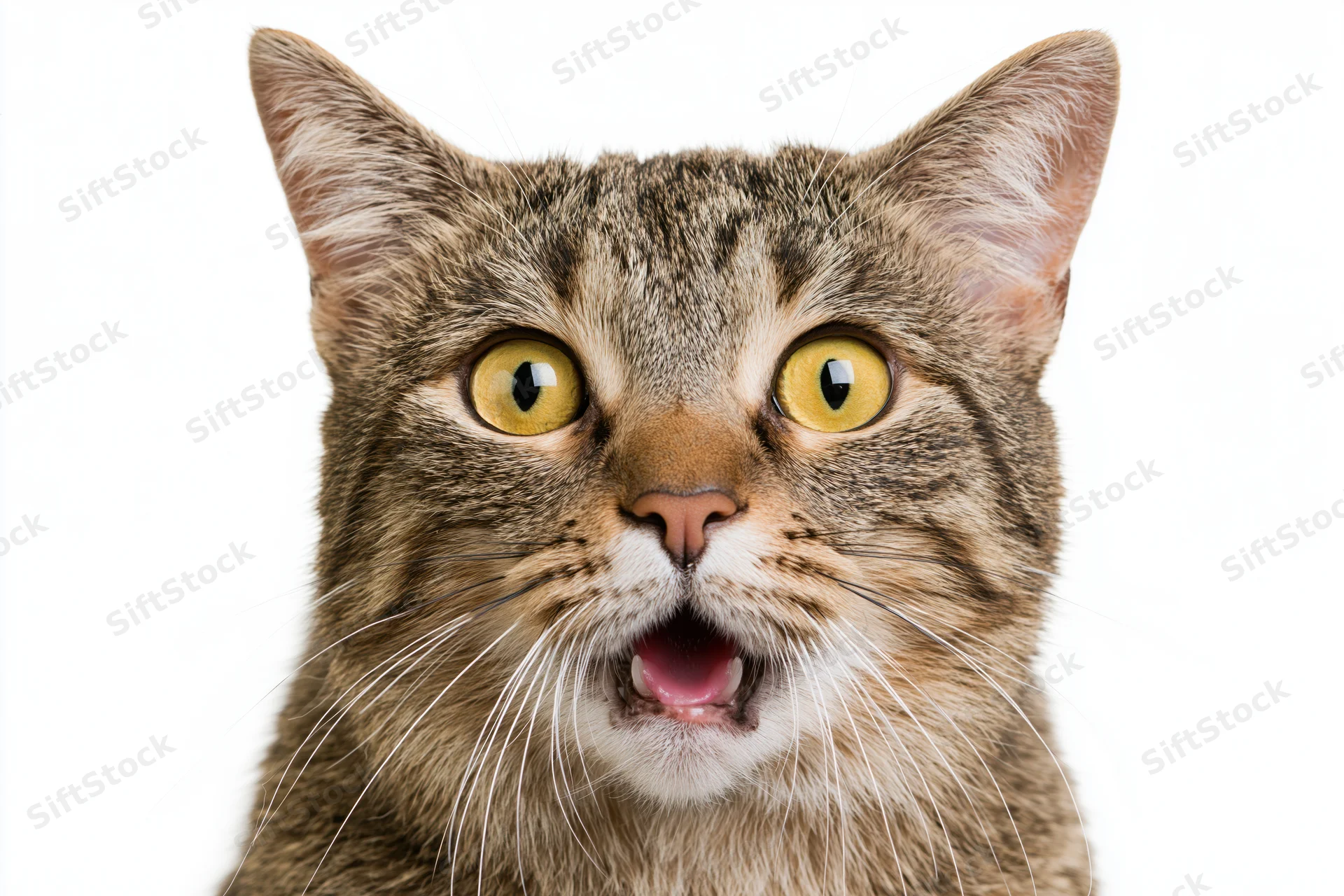 Closeup of a brown tabby cat with mouth open and wide yellow eyes against white background