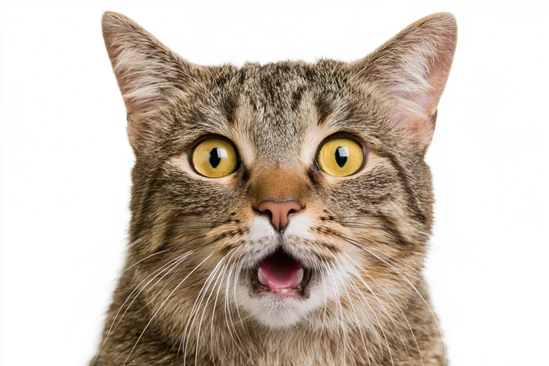 Brown tabby cat with mouth open in an alert wide-eyed expression