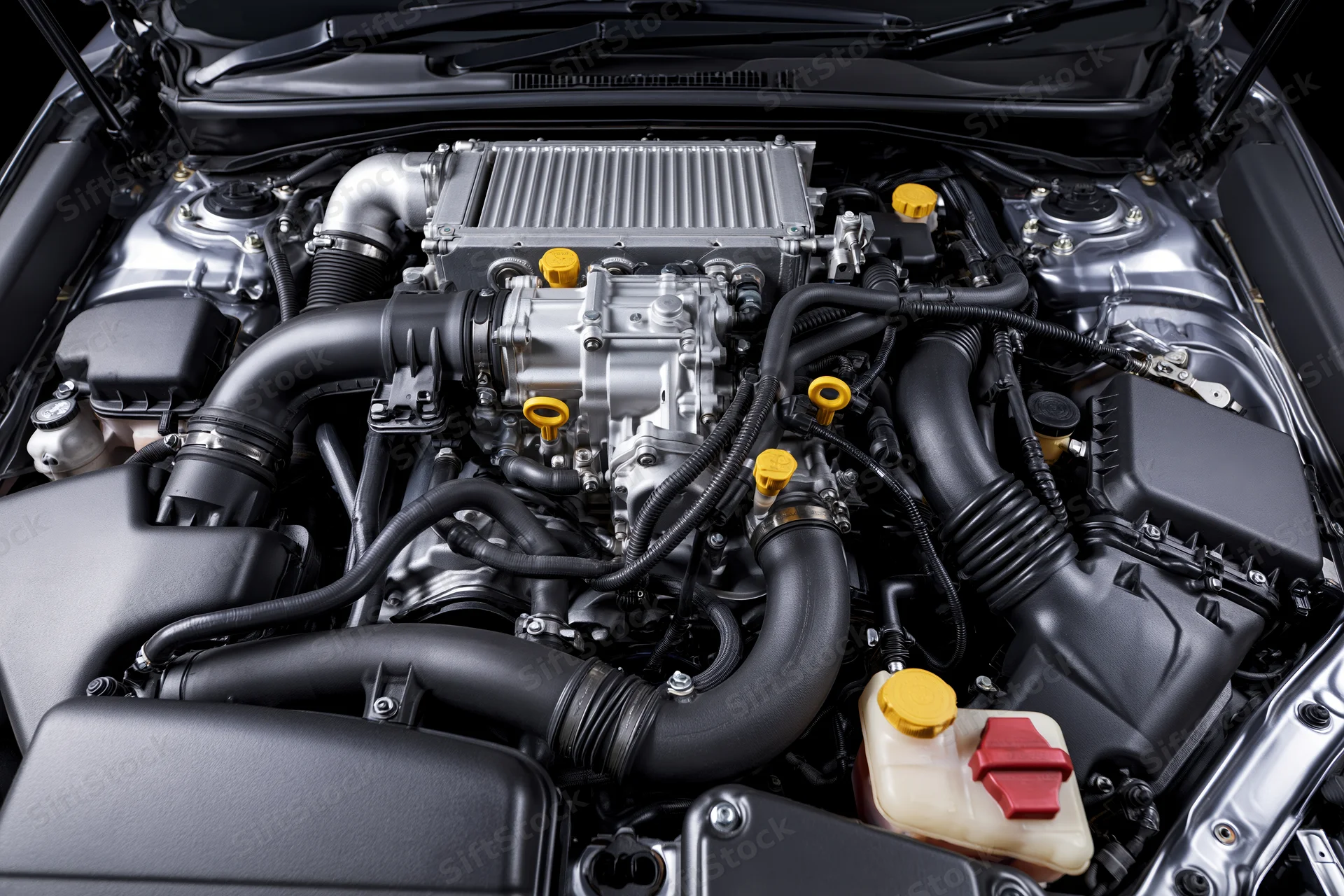 Car engine bay with open hood showing intercooler and various mechanical components