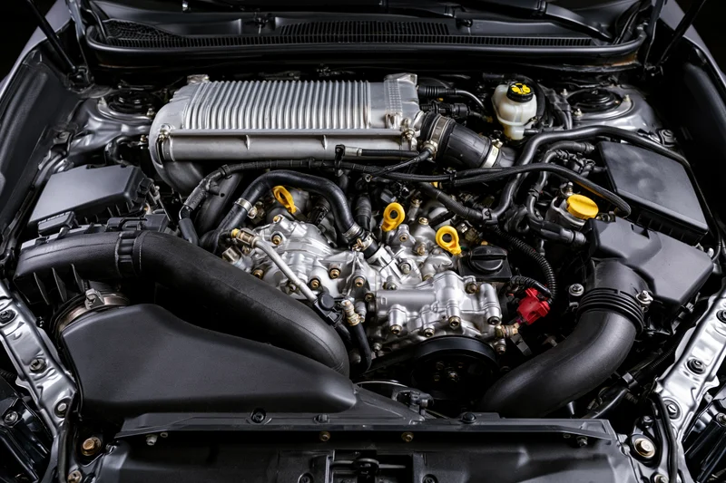 Car engine bay with open hood showing intercooler and mechanical components