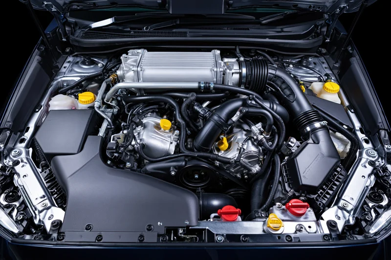 Open car hood revealing engine bay with intercooler and mechanical components