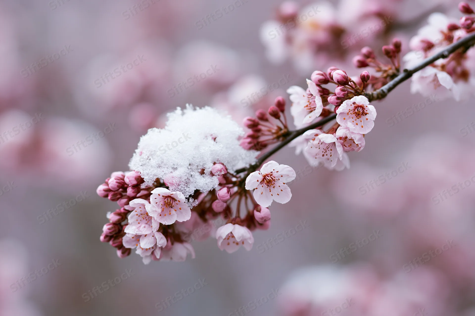 Cherry blossom branch with pink flowers and buds covered in snow