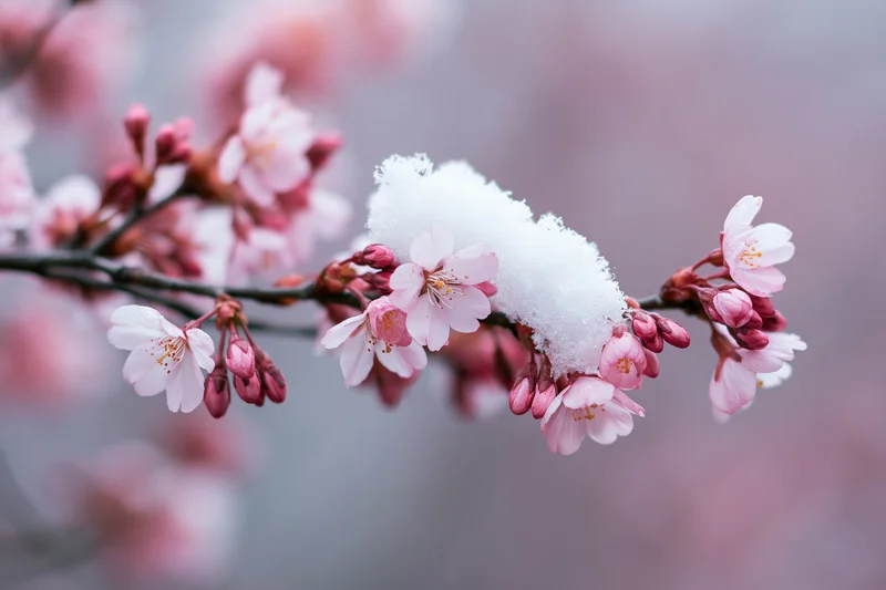 Cherry blossom branch with pink flowers and buds covered in snow