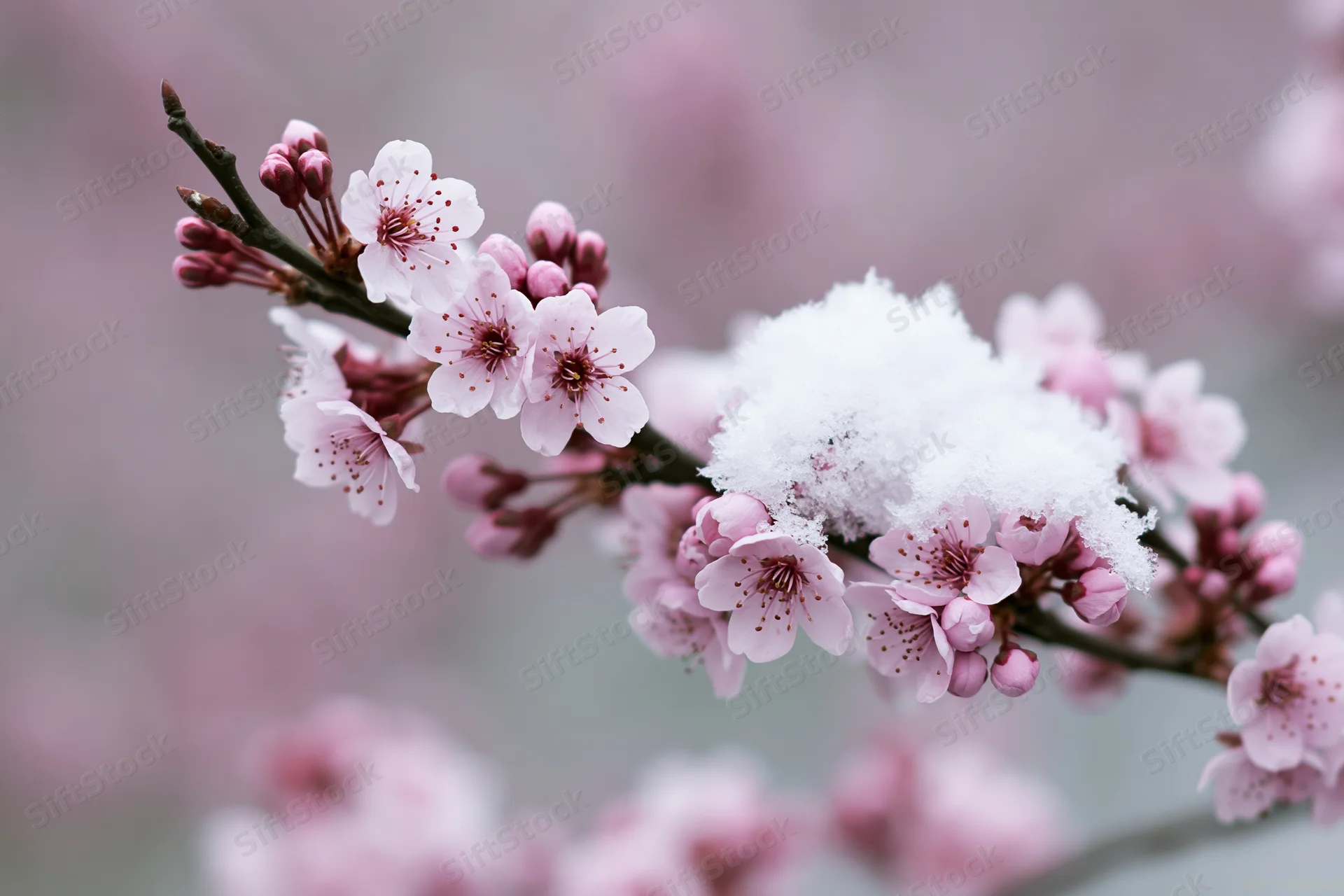Cherry blossom branch with pink flowers and snow on a soft blurred background