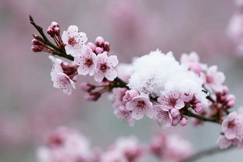 Cherry blossom branch with pink flowers and snow on a soft blurred background
