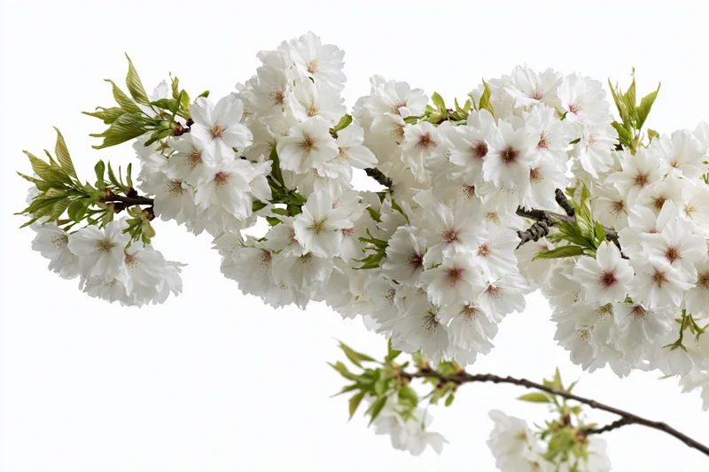 Cherry blossom branch with white flowers and green leaves isolated on white background