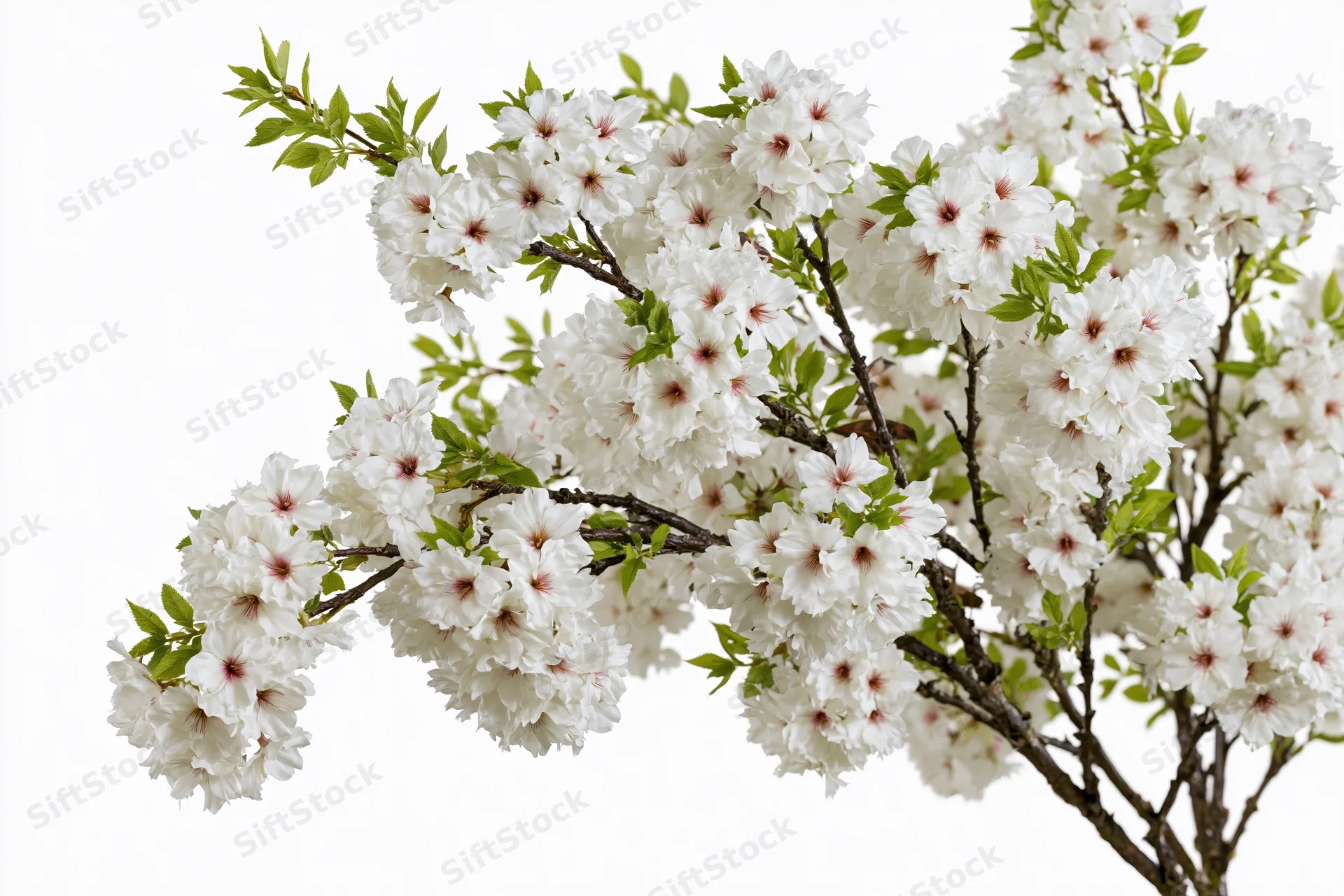 Cherry blossom branches in full bloom against a white background