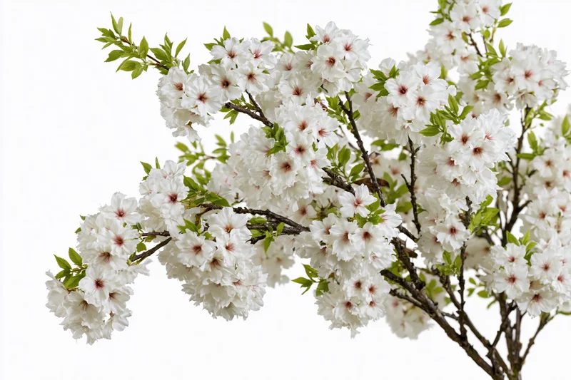 Cherry blossom branches in full bloom against a white background