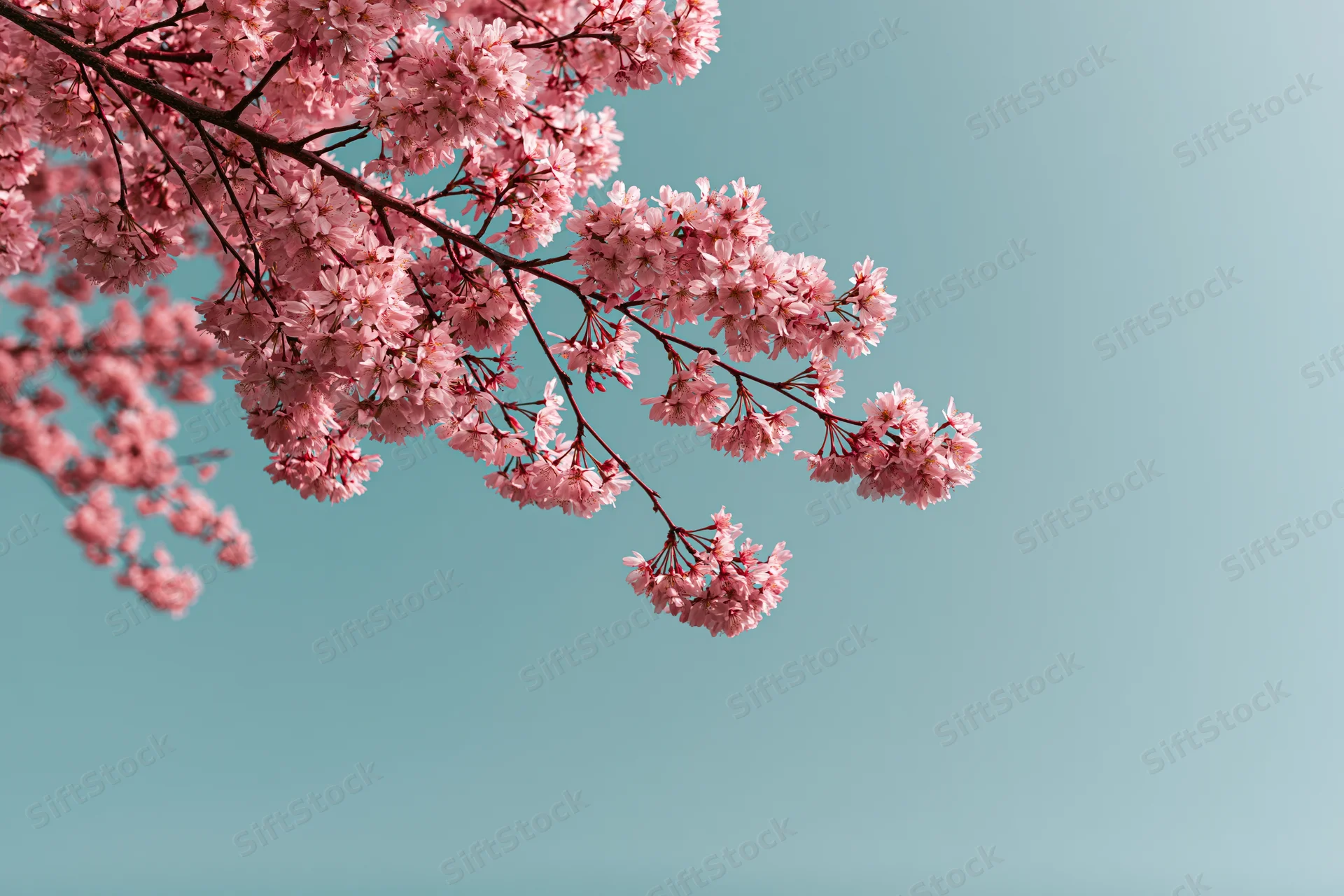 Cherry blossom branches in full bloom against a clear blue sky with copyspace on the right