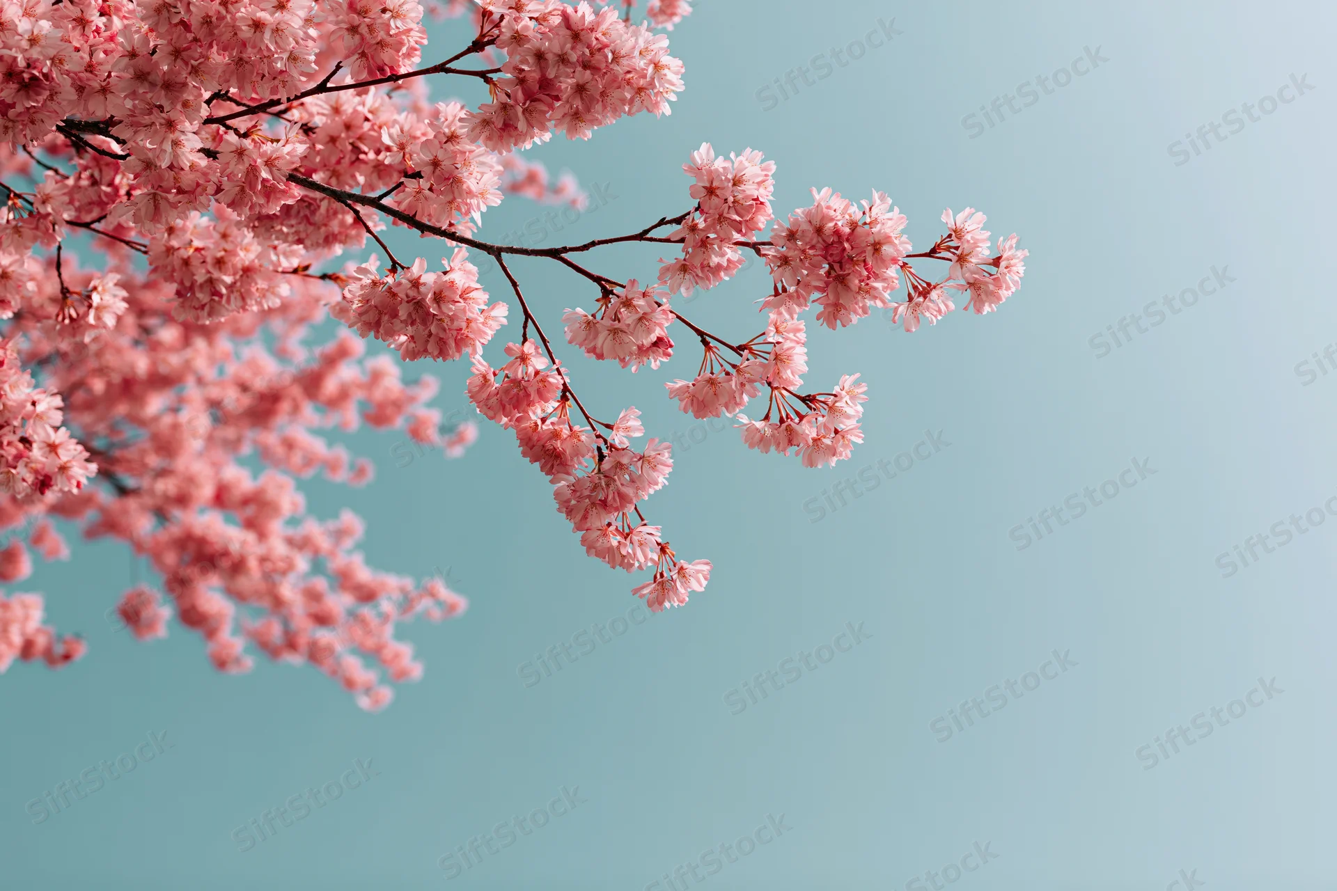 Cherry blossom branches in full bloom against a soft blue sky