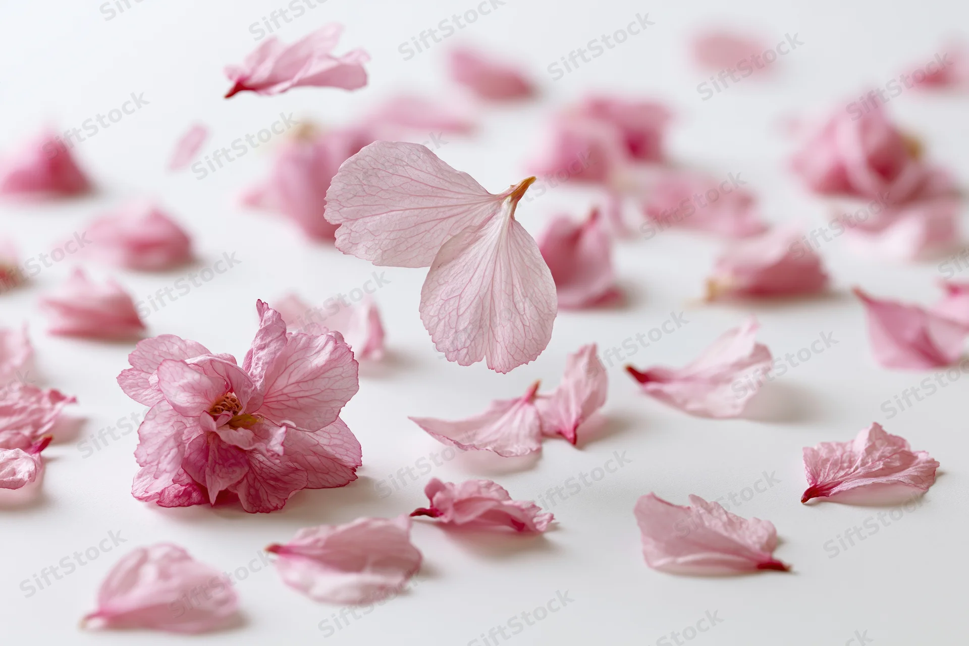 Cherry blossom petals floating and scattered across a white surface