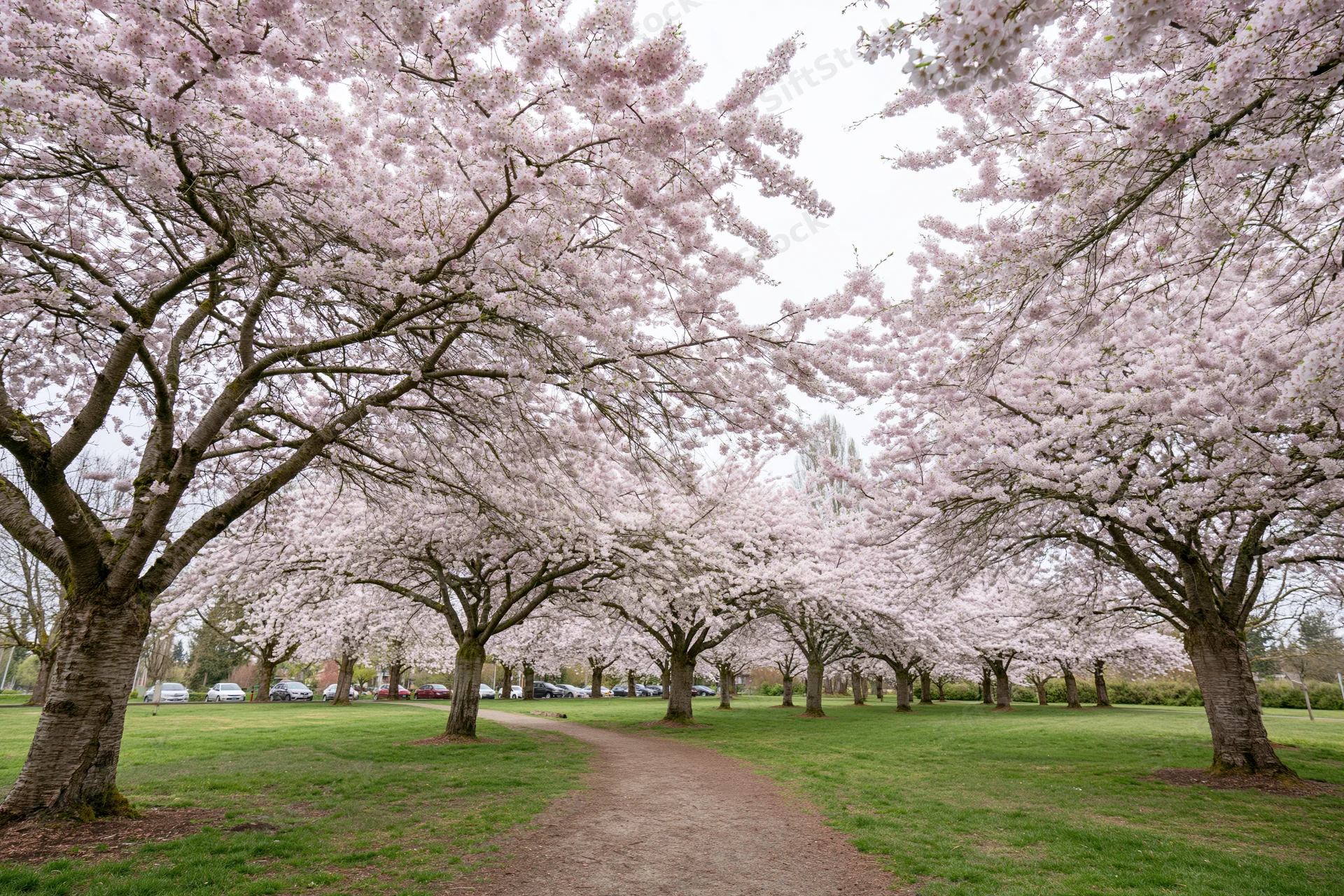 Cherry blossom trees in full bloom lining a dirt path through a green urban park