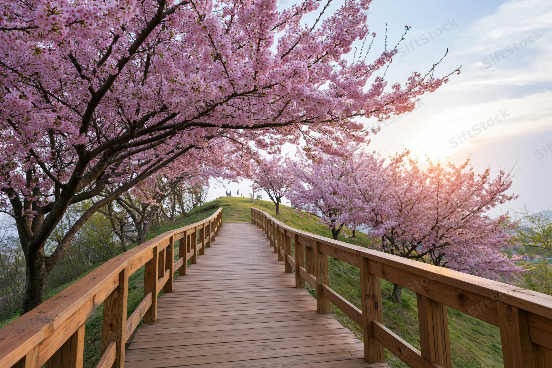 Wooden pathway lined with blooming cherry blossom trees in a park at sunrise