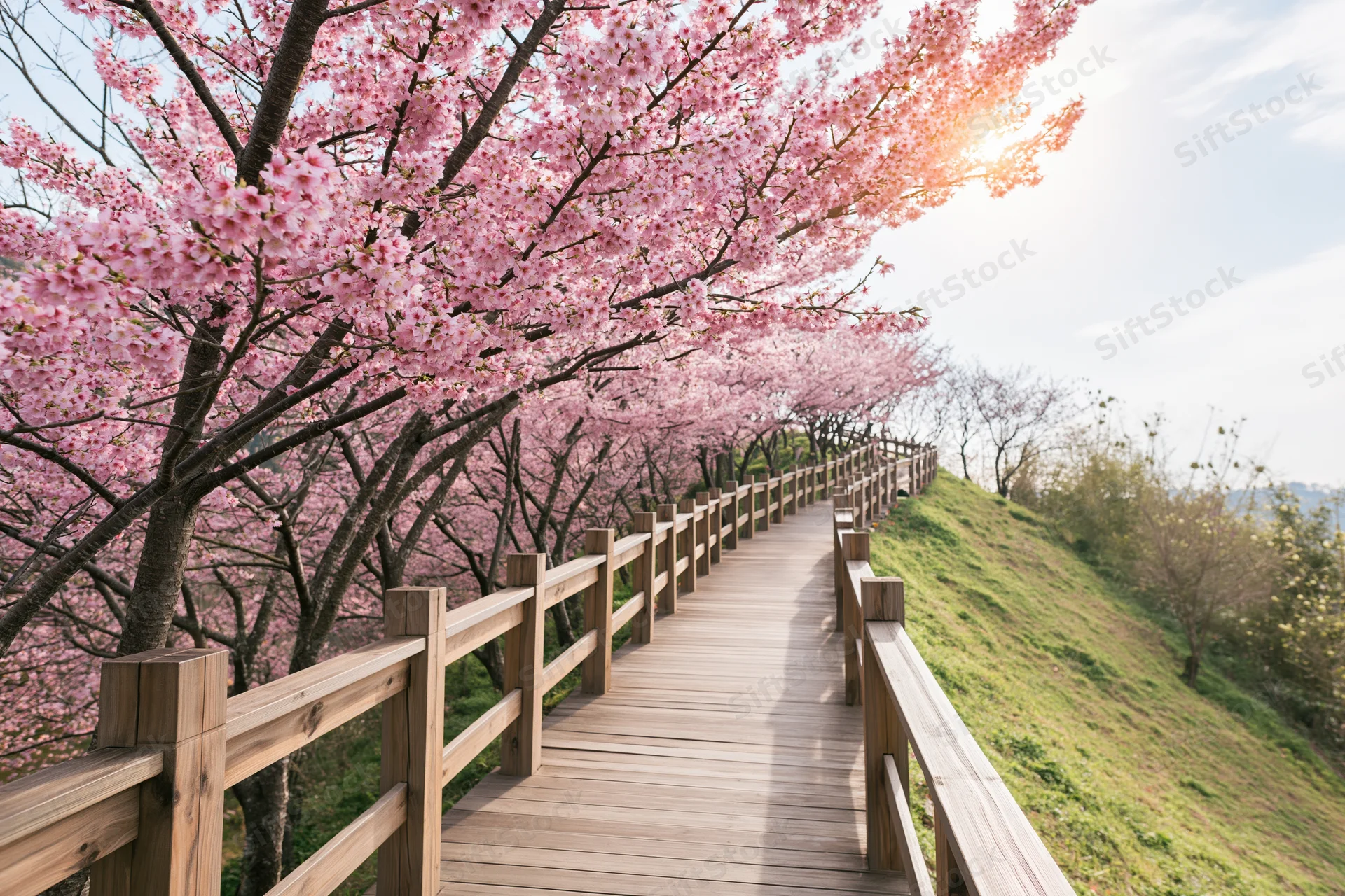 Wooden pathway lined with cherry blossom trees in full pink bloom leading through a green hillside park
