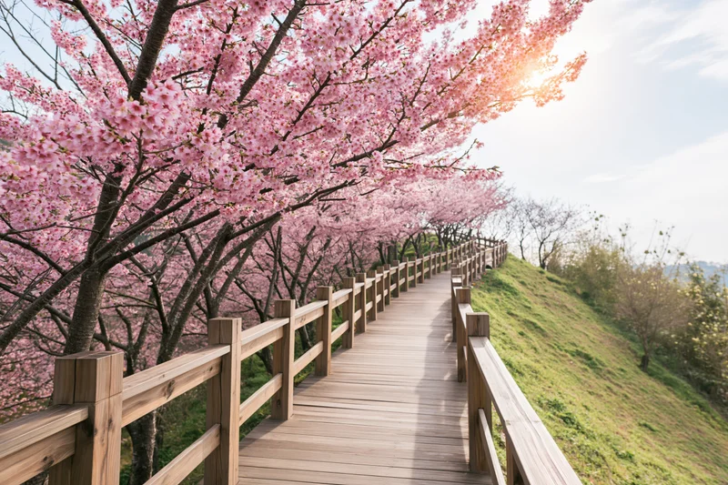 Wooden pathway lined with cherry blossom trees in full pink bloom leading through a green hillside park