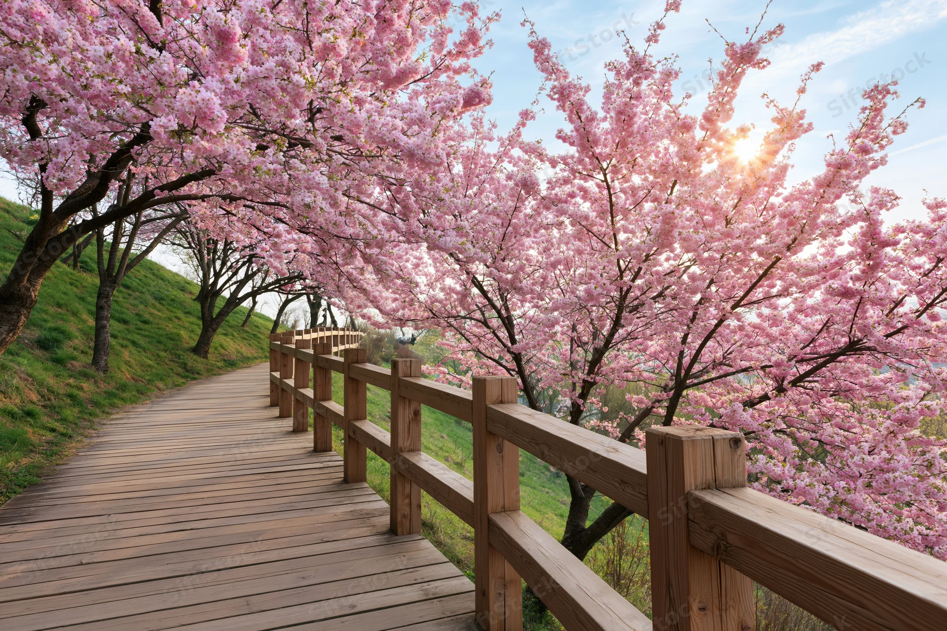 Wooden pathway lined with cherry blossom trees in full pink bloom under sunlight in a park
