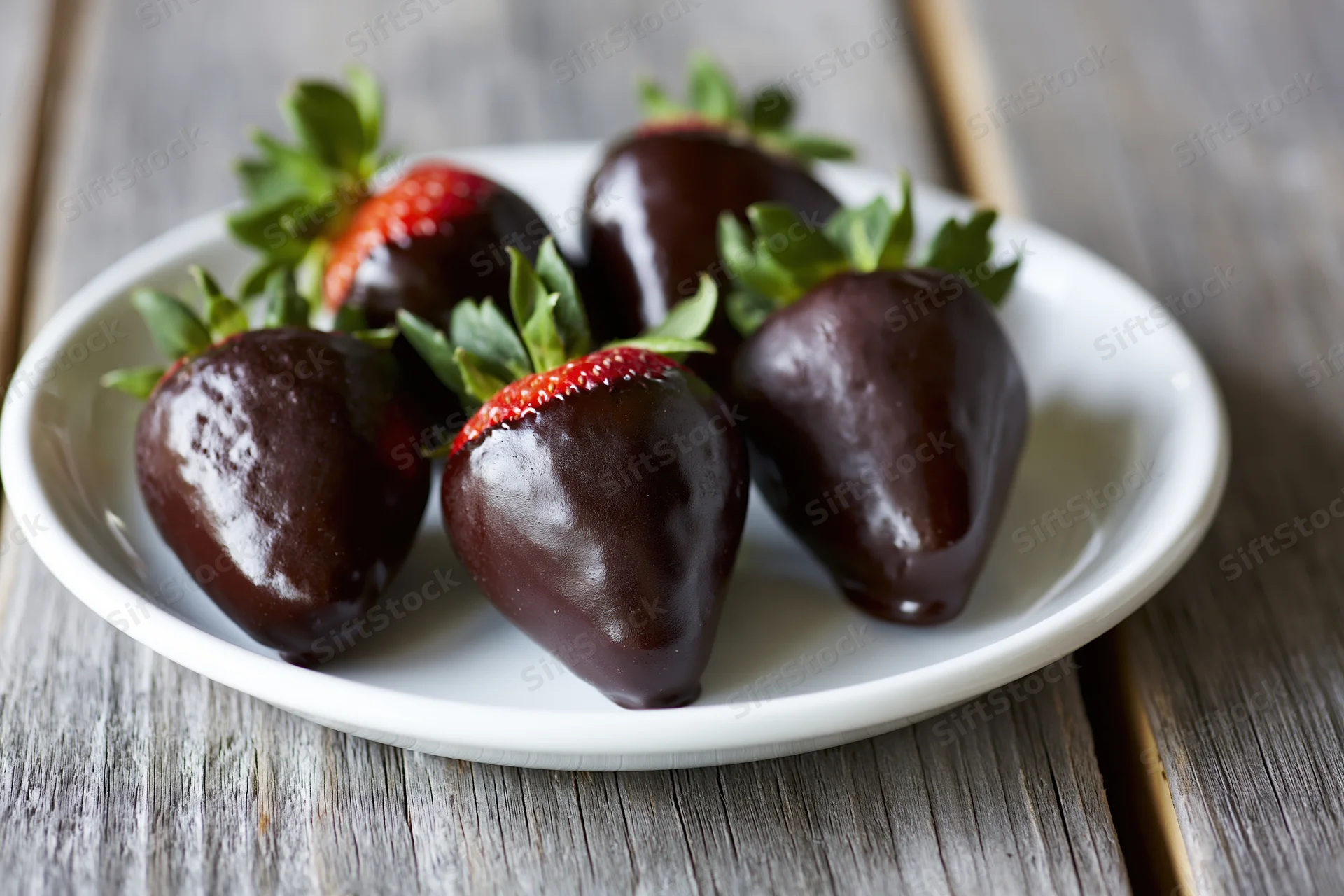 Chocolate-dipped strawberries on a white ceramic plate on a wooden table