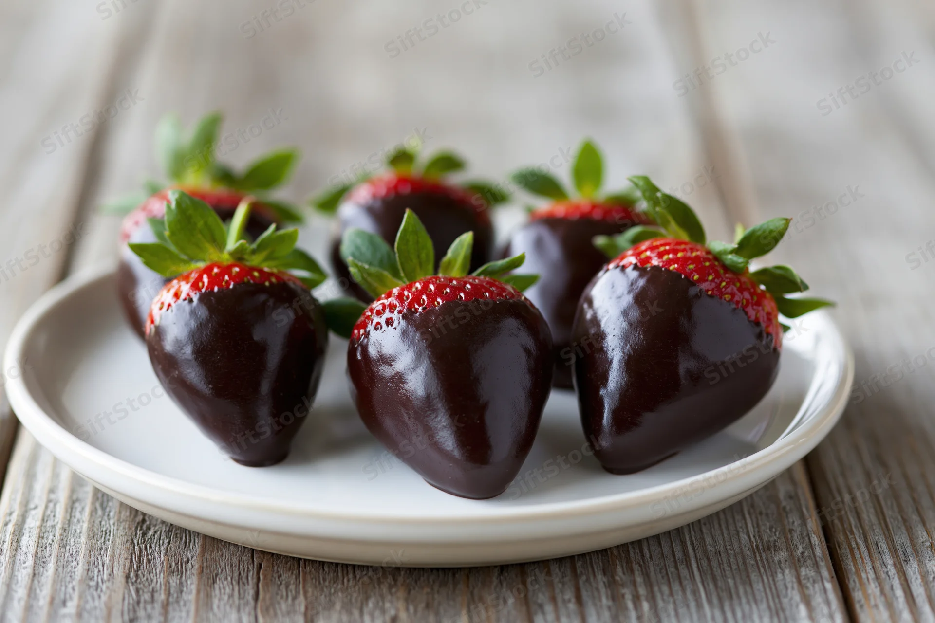 Chocolate-dipped strawberries arranged on a white ceramic plate on a wooden table