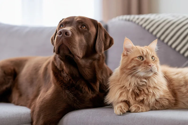 Chocolate labrador and orange tabby cat resting together on a gray couch