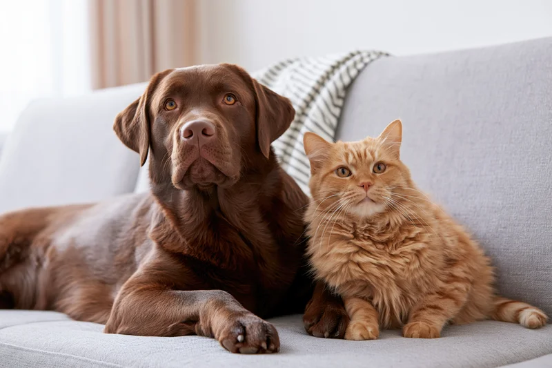 Chocolate labrador and orange tabby cat resting together on a gray couch