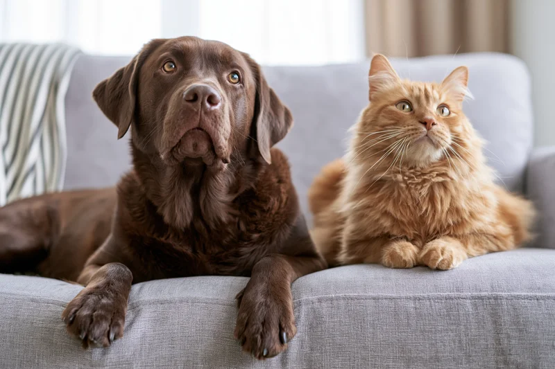 Chocolate labrador and orange tabby cat resting together on a gray couch