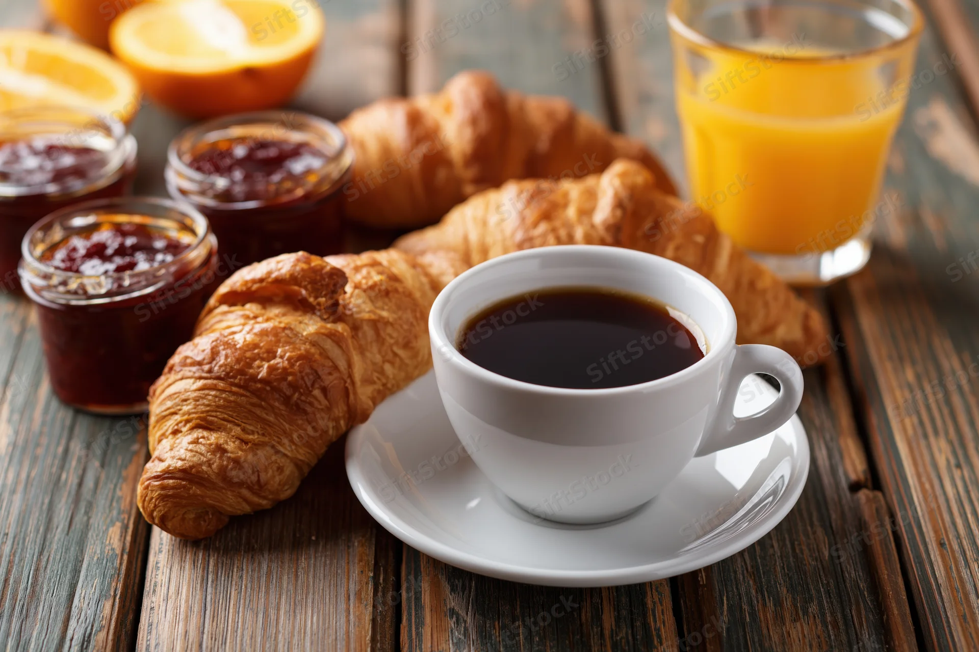 Croissants and coffee with orange juice and jam on a dark weathered wooden table