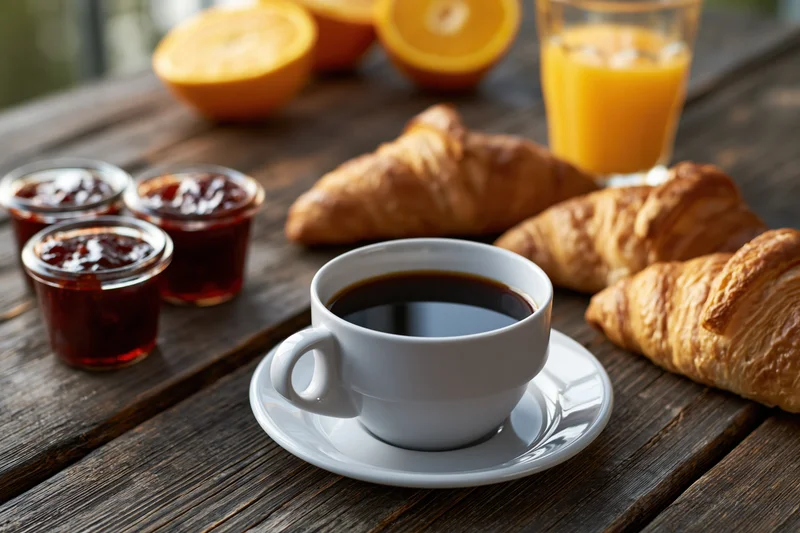 Coffee in a white cup with croissants and orange juice on a dark wooden table