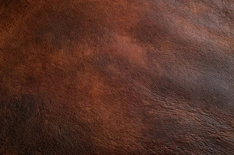 Close-up of dark brown full-grain leather surface showing natural texture and grain pattern