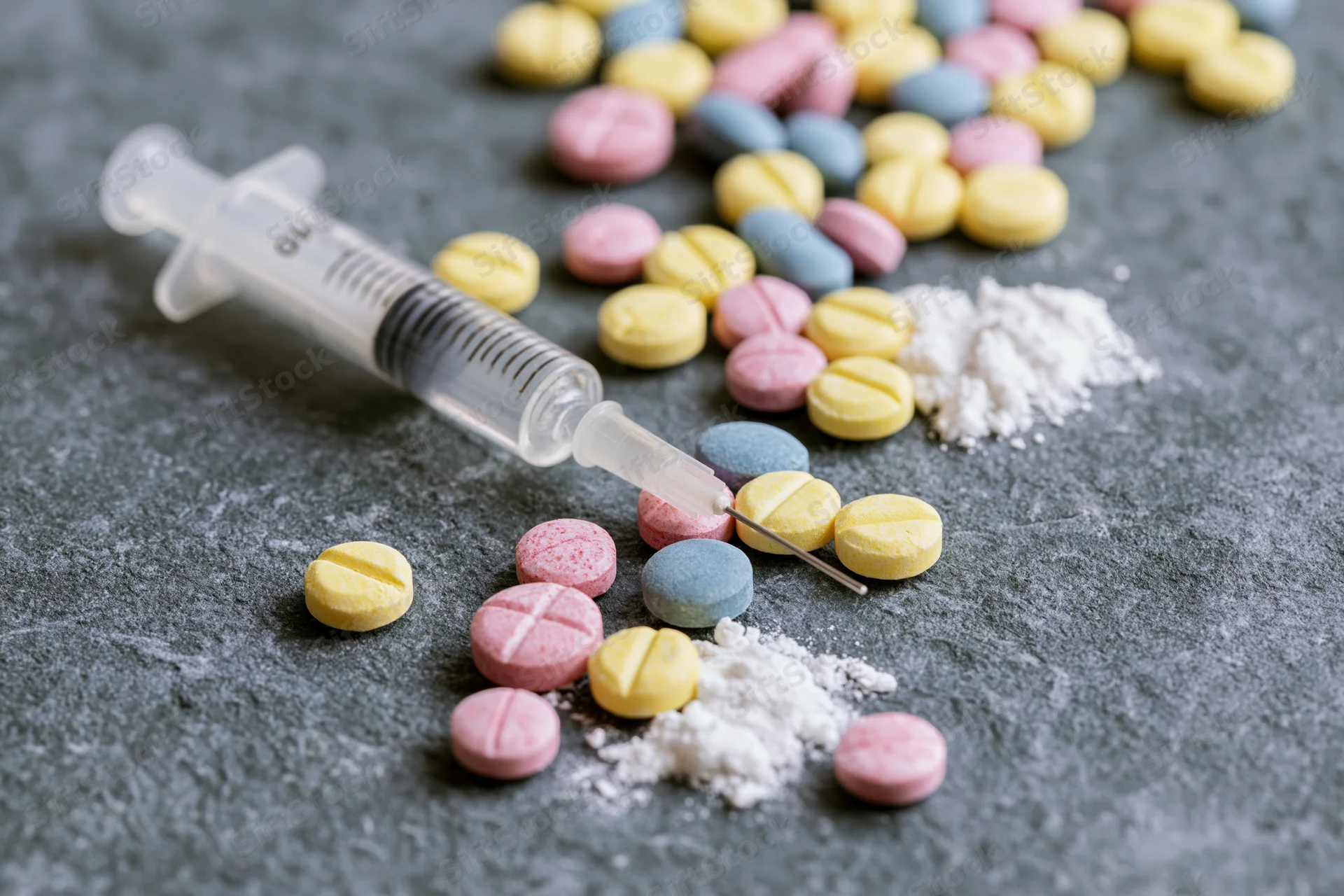Syringe and scattered colorful pills with white powder on dark surface