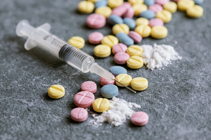 Syringe and scattered colorful pills with white powder on dark surface