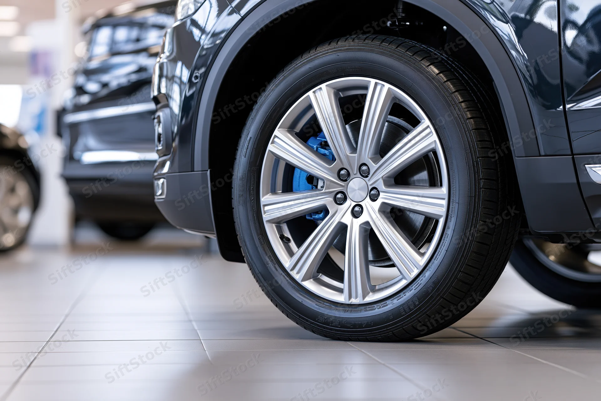 Close-up of a silver alloy wheel on a black car in a showroom