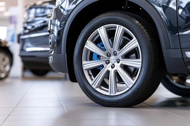 Close-up of a silver alloy wheel on a black car in a showroom
