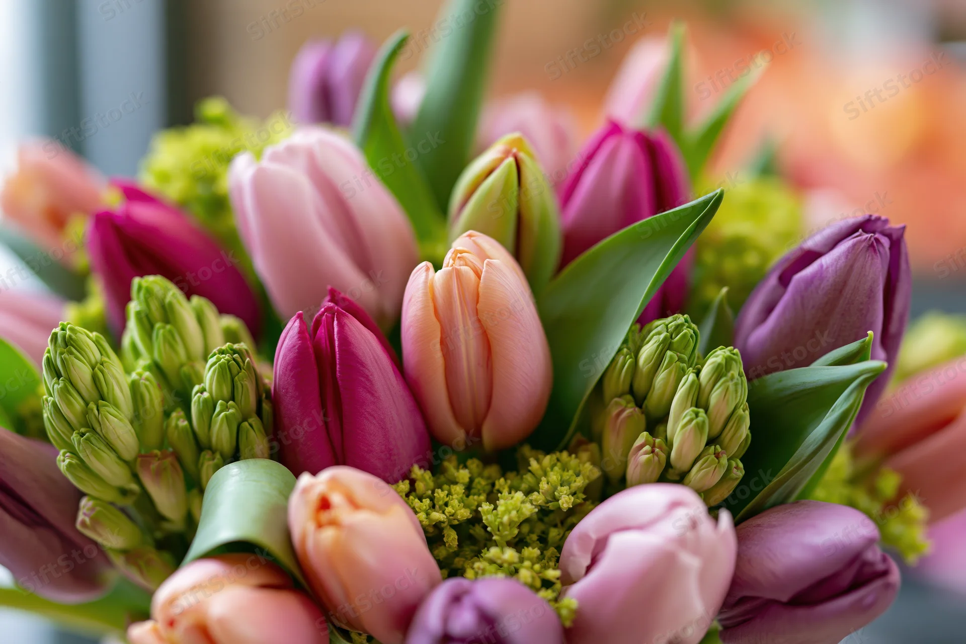 Close-up of a mixed spring bouquet with pink, purple, and peach tulips and green hyacinth buds