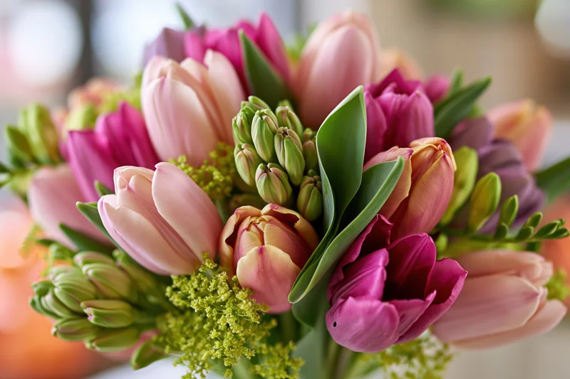 Close-up of a mixed spring bouquet with pink and magenta tulips and green buds arranged in a floral display