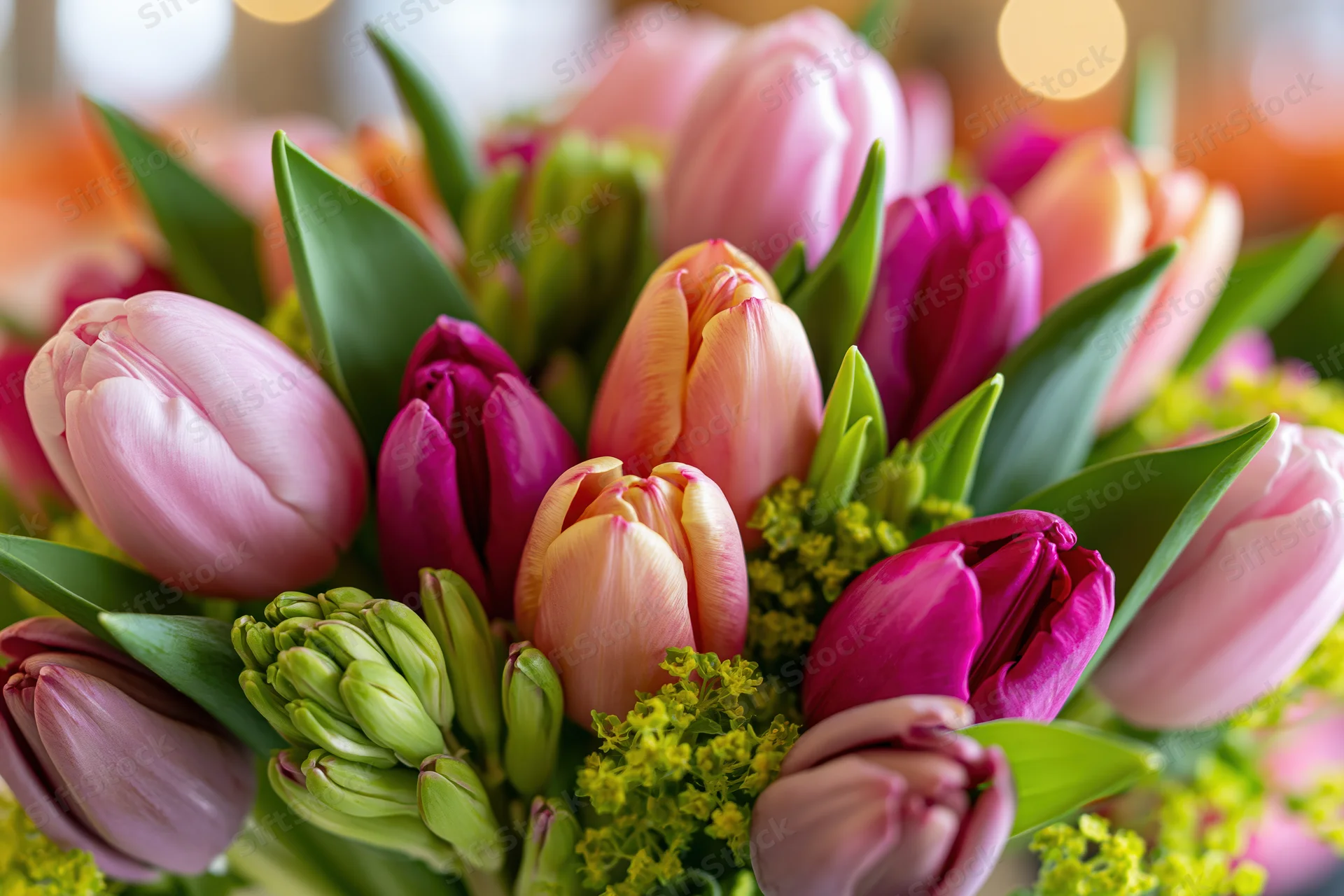Close-up of a mixed spring bouquet with pink, peach, and magenta tulips and green buds surrounded by small yellow flowers