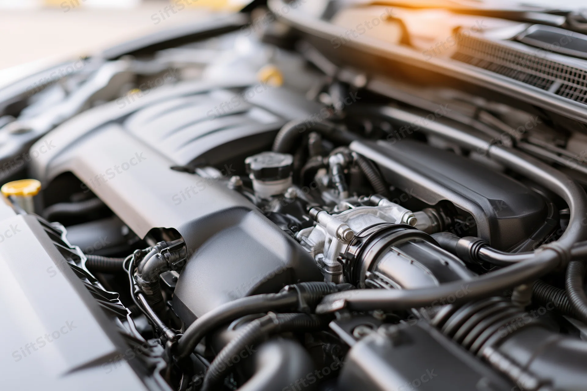 Close-up of a modern car engine bay with hood open showing mechanical components and hoses